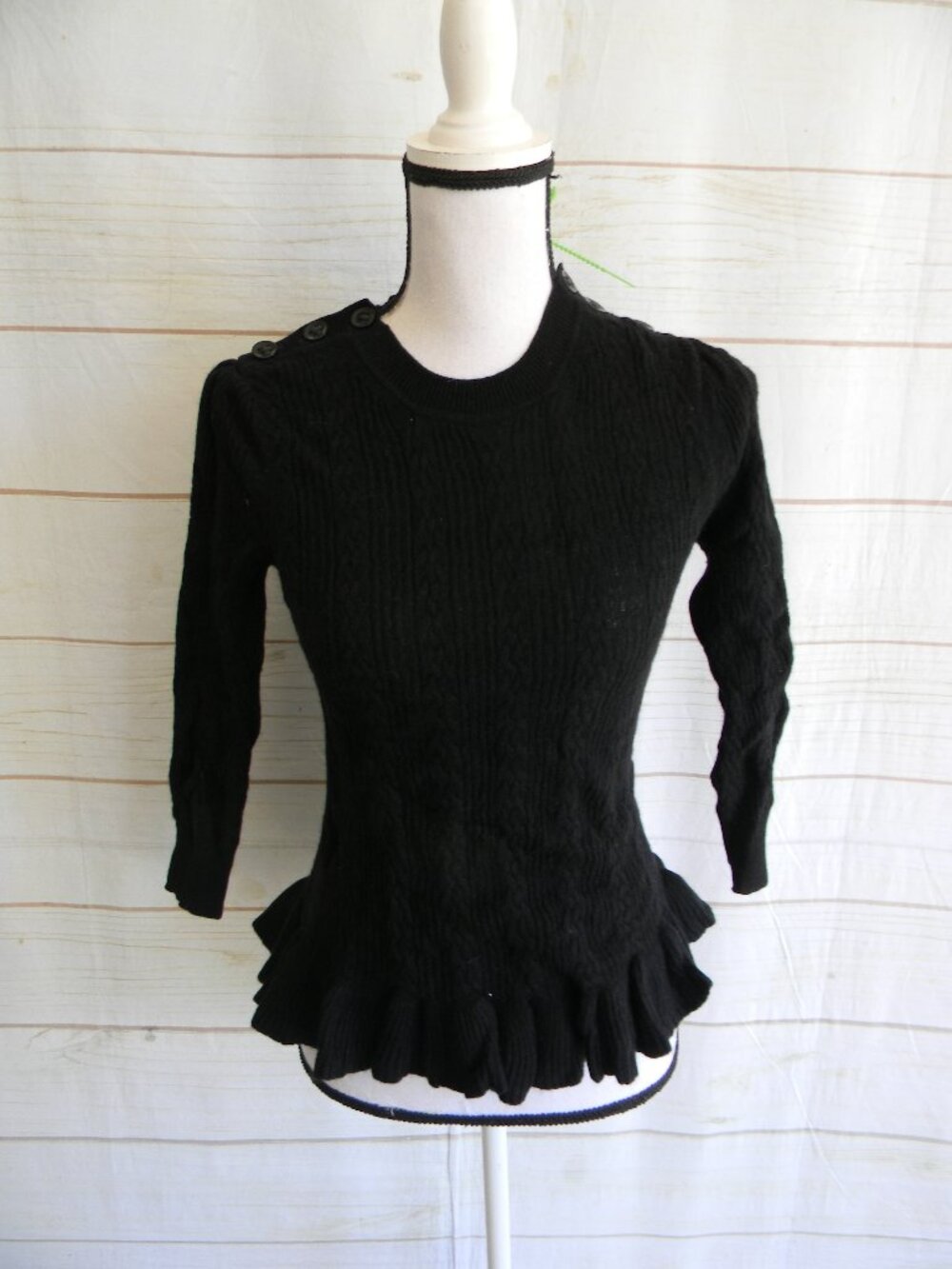 BURBERRY WM'S BLACK PEPLUM RUFFLE HEM CASHMERE SWEATER BUTTON DETAIL SZ S